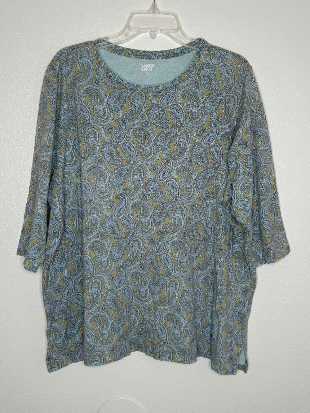 Lands End Womens Blue Paisley Print Knit Top 100% Cotton Plus Size 2X